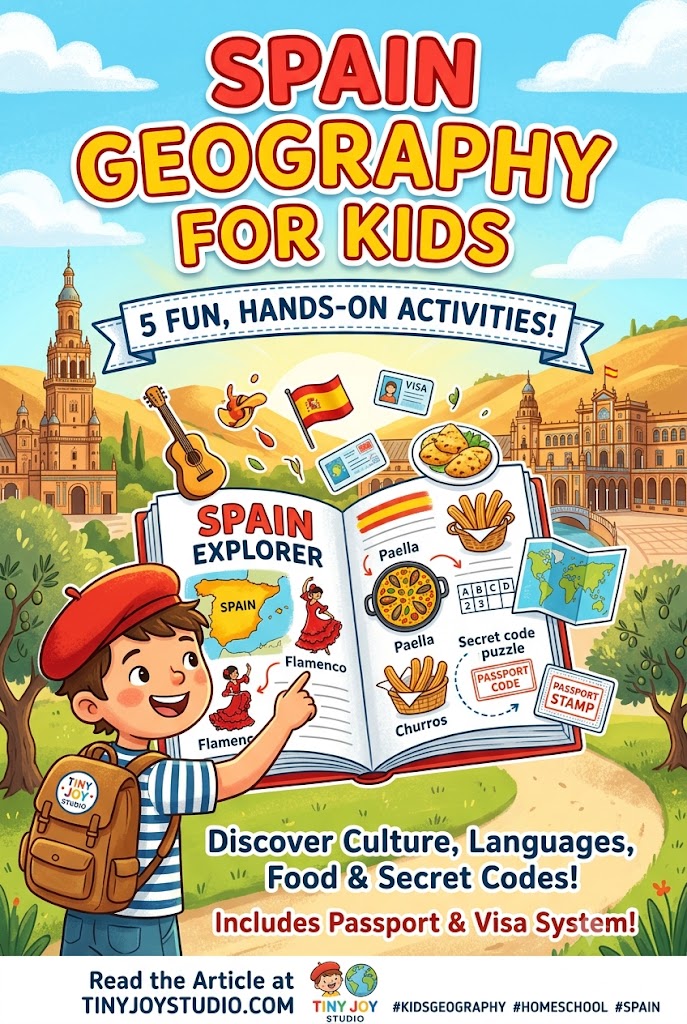 Spain geography for kids activity book guide featuring Leo the Explorer, hands-on cultural activities, tapas, and a collectible visa stamp system