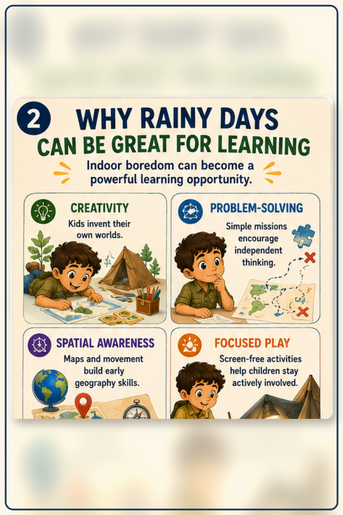 Educational infographic showing how rainy day activities support creativity, problem-solving, spatial awareness, and focused screen-free play.