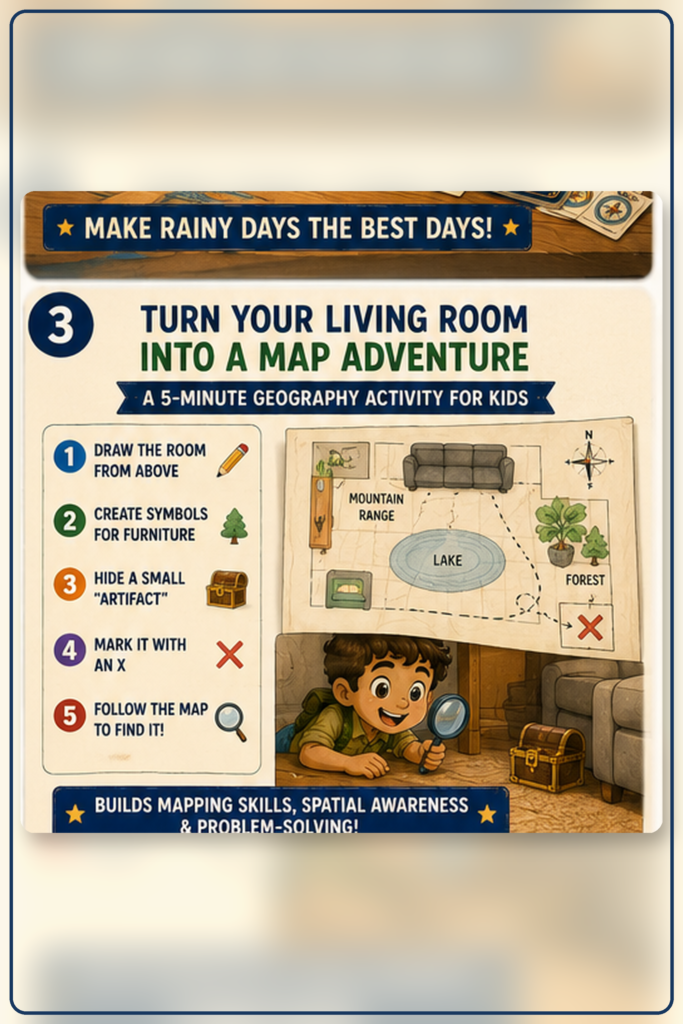 Step-by-step indoor geography activity where kids draw a living room map, create symbols, hide a treasure, and follow the route.