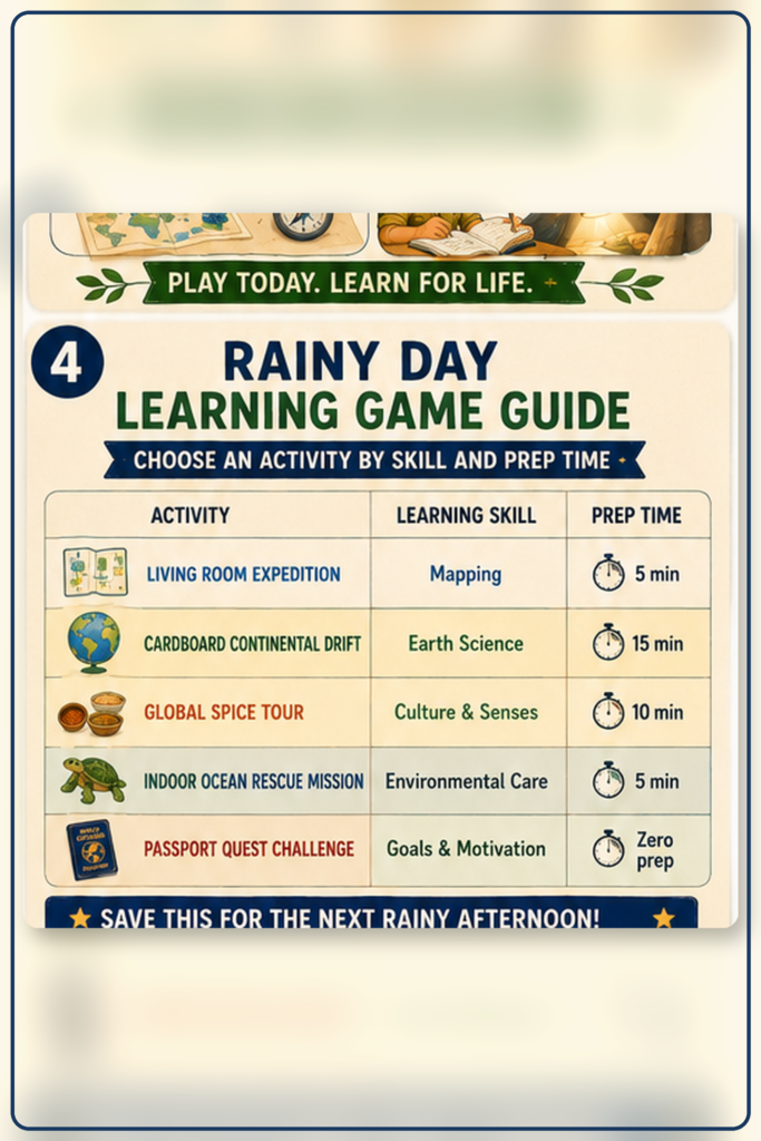 Rainy day activity guide comparing five educational indoor games by learning skill, preparation time, and age suitability
