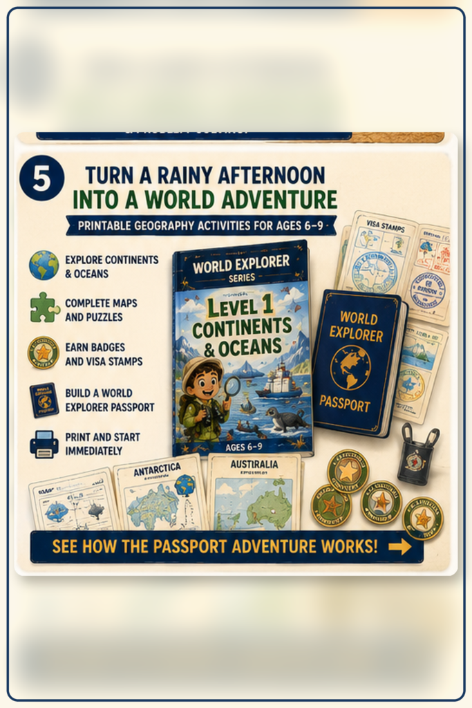 Printable World Explorer geography activity book with maps, puzzles, badges, visa stamps, and a passport for kids ages 6–9.