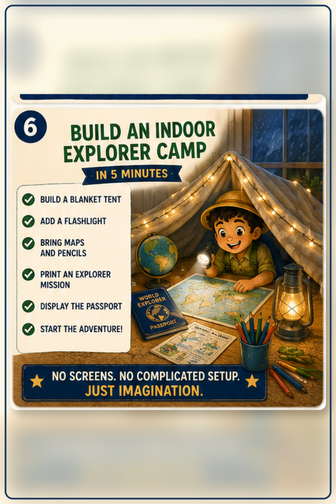 Indoor explorer camp checklist with a blanket tent, flashlight, maps, pencils, printable missions, and a World Explorer Passport.