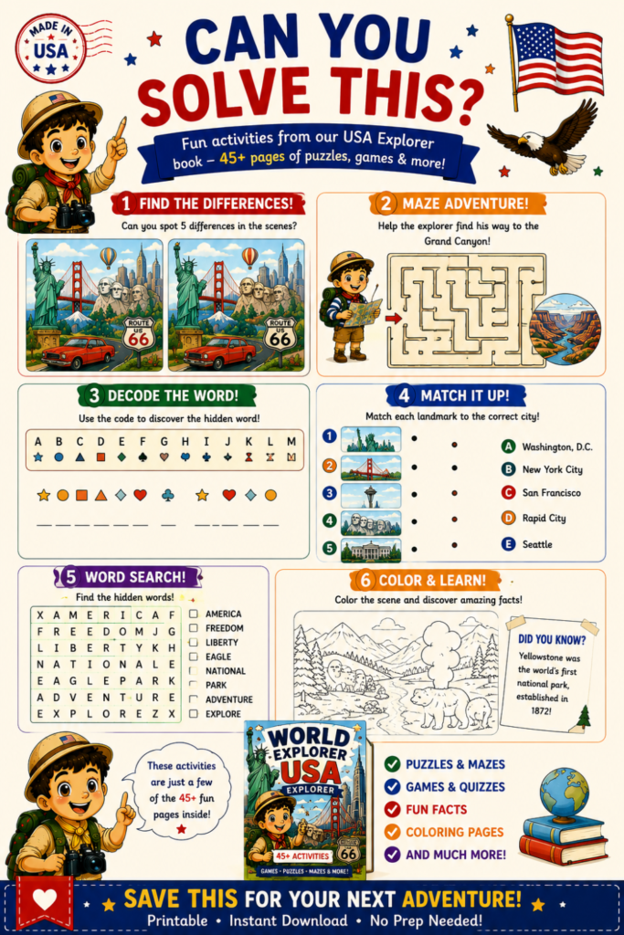 USA geography activity book page with printable facts, maps and educational games for kids
