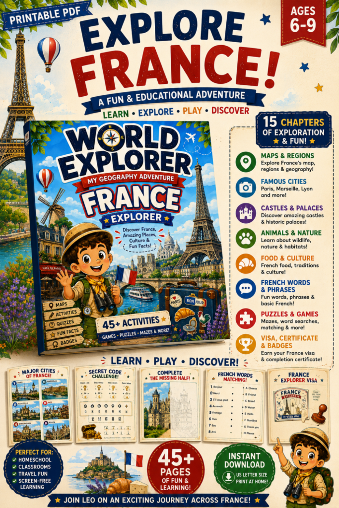 France printable geography activity book pages with puzzles, maps, quizzes and coloring activities for children