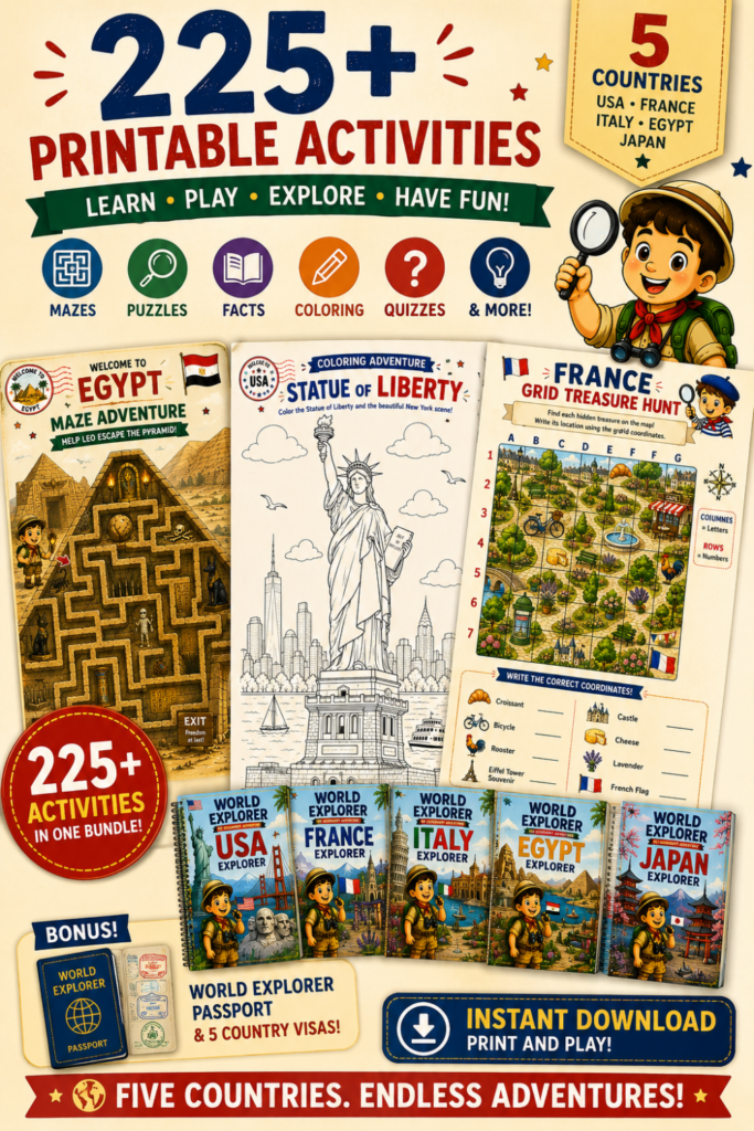 World Explorer printable geography bundle with 225 educational activities and Explorer Passport