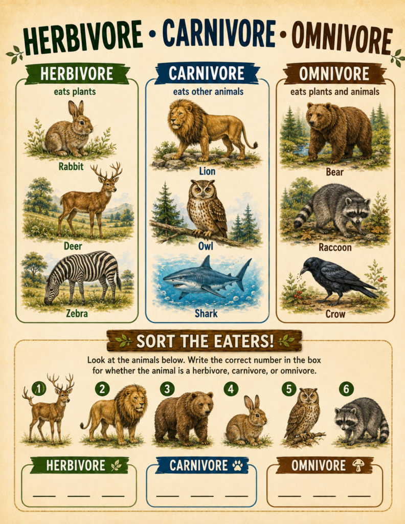 herbivores carnivores omnivores sorting activity