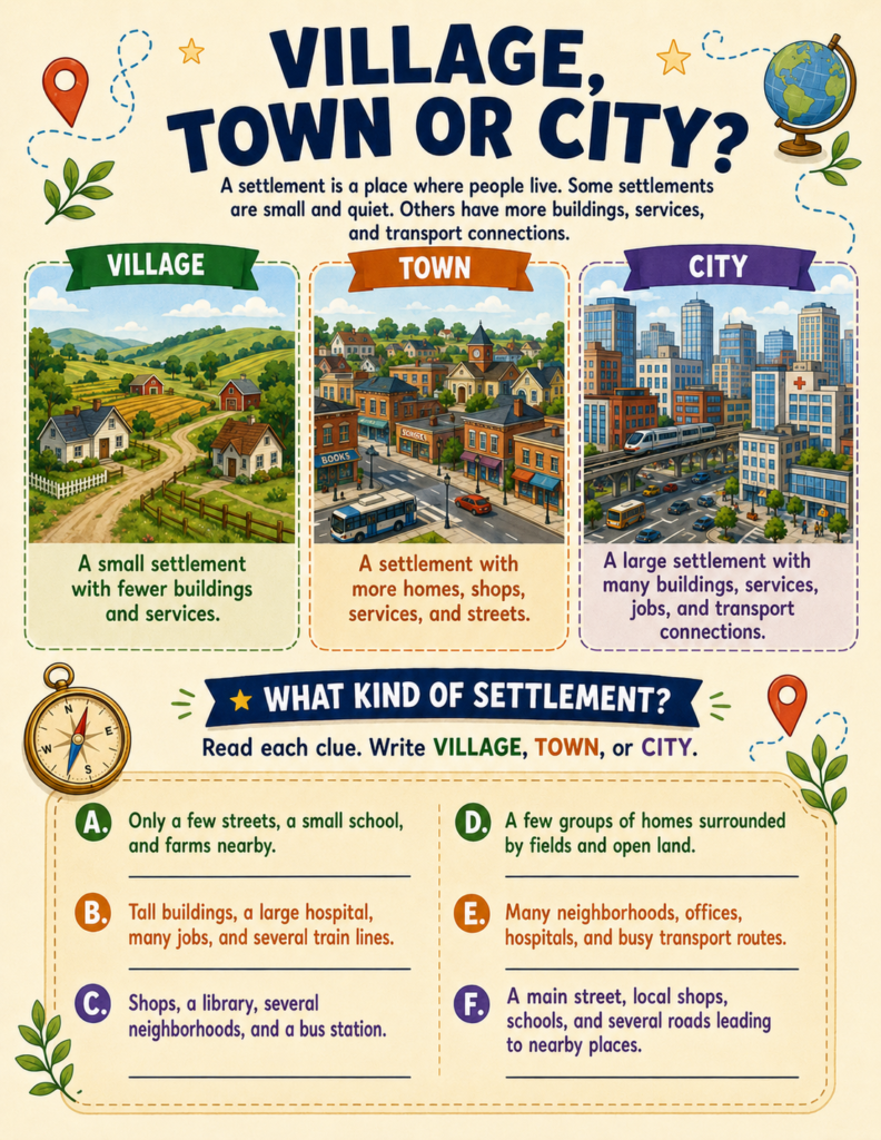 types of settlements and communities worksheet for kids