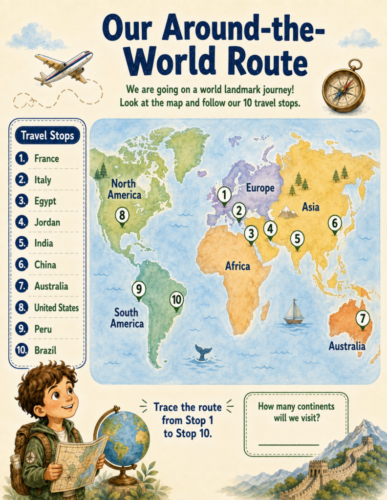 world landmarks activities for kids map and travel route