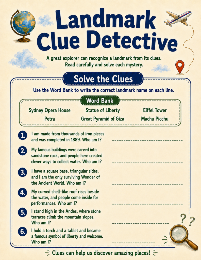 world wonders clue detective game for elementary students