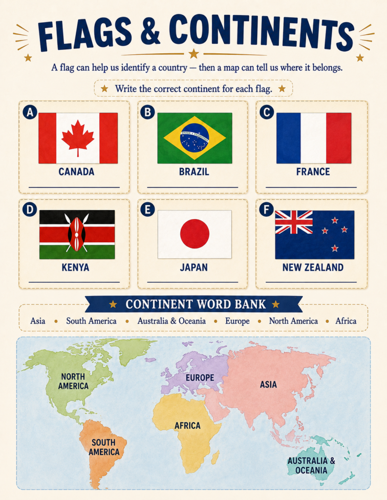 hands on geography activities flags and continents map