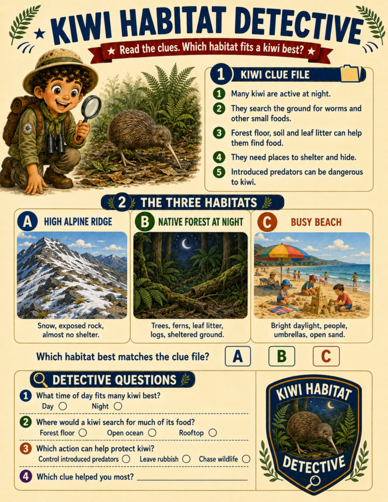 new zealand wildlife kiwi habitat detective activity