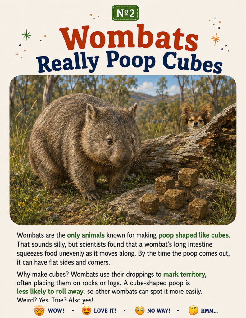 An inside page showing true facts that sound fake about wombat cubes