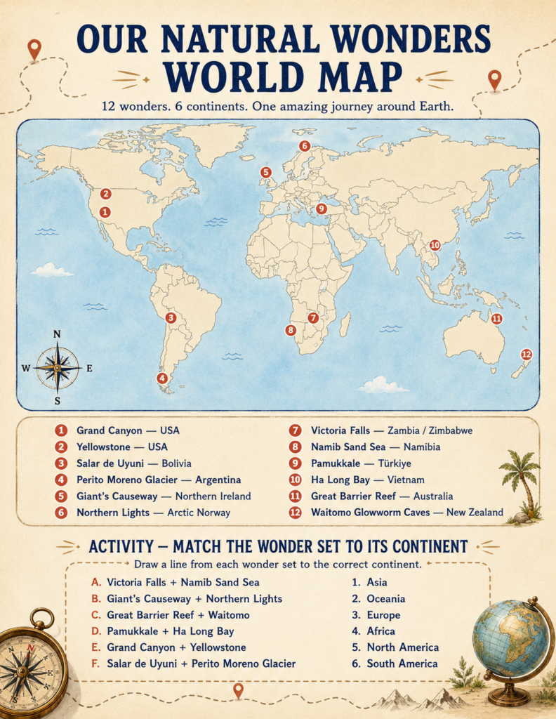 natural wonders activities for kids map and travel route