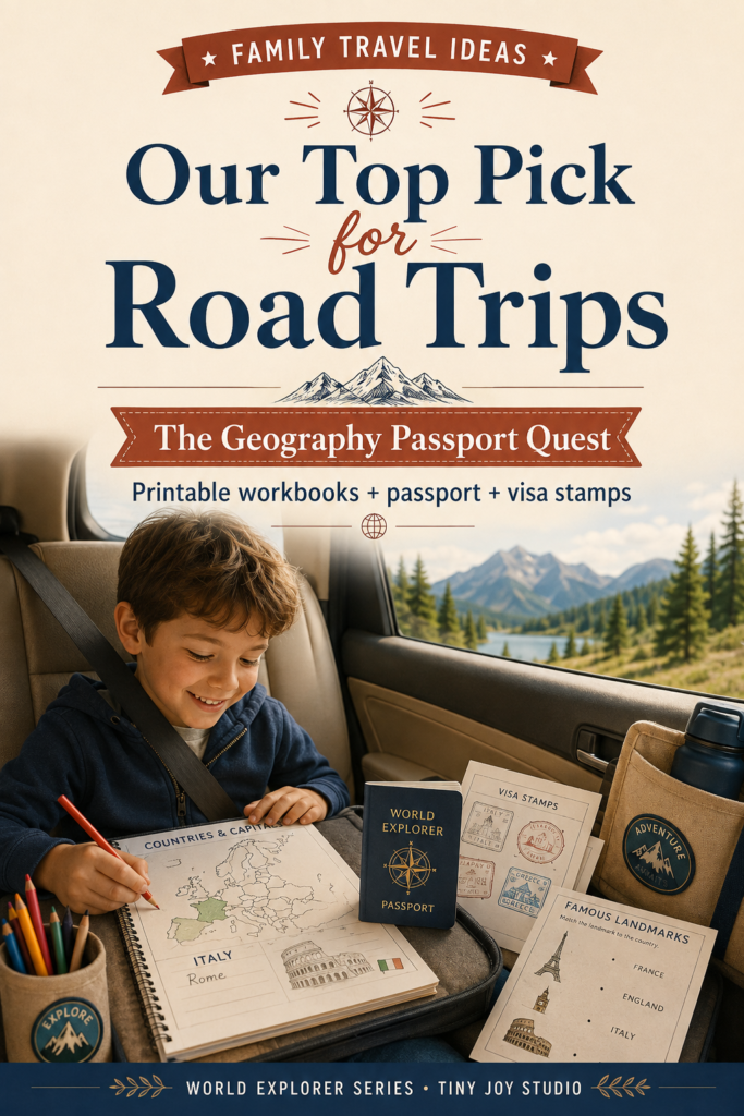 Child completing a World Explorer geography workbook with a printable passport and visa stamps during a road trip
