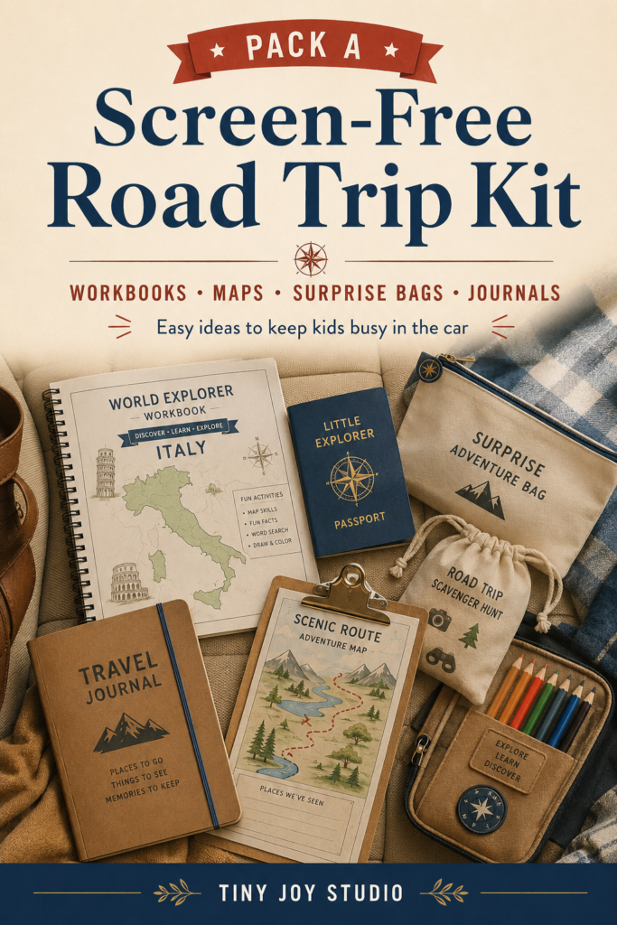 Screen-free road trip activity kit with geography workbook, travel journal, map, passport, colored pencils and surprise bags