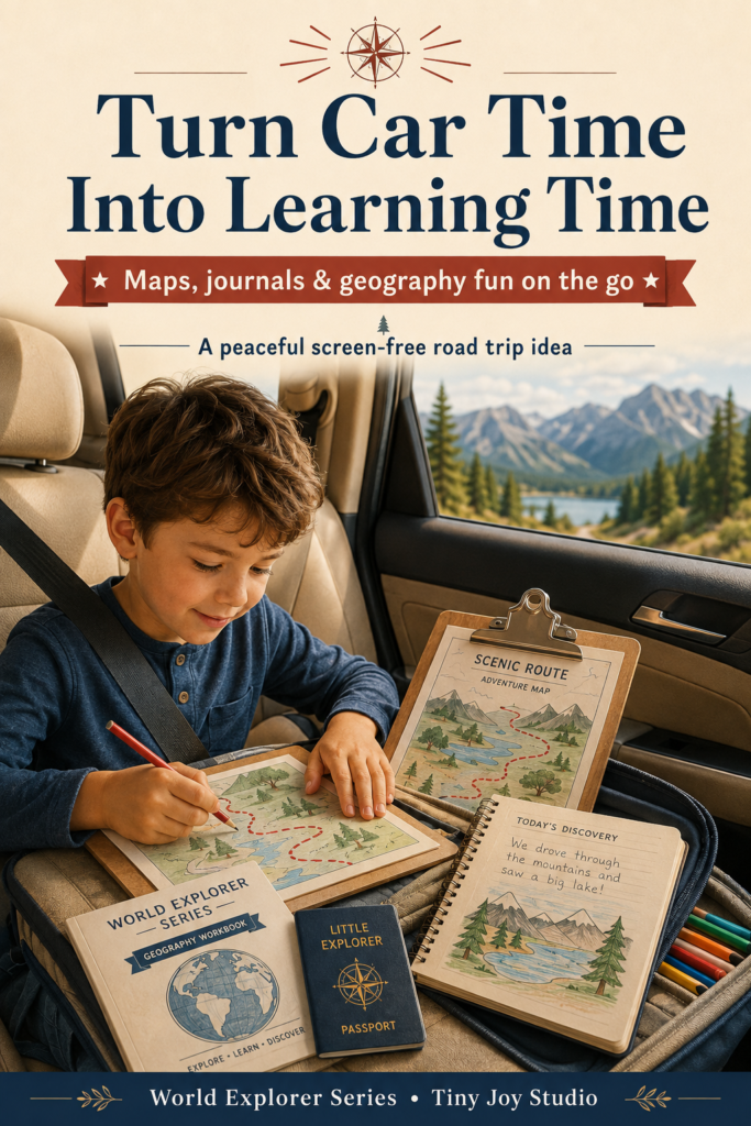 Child tracing a route map and writing in a travel journal with a World Explorer geography workbook during a car trip