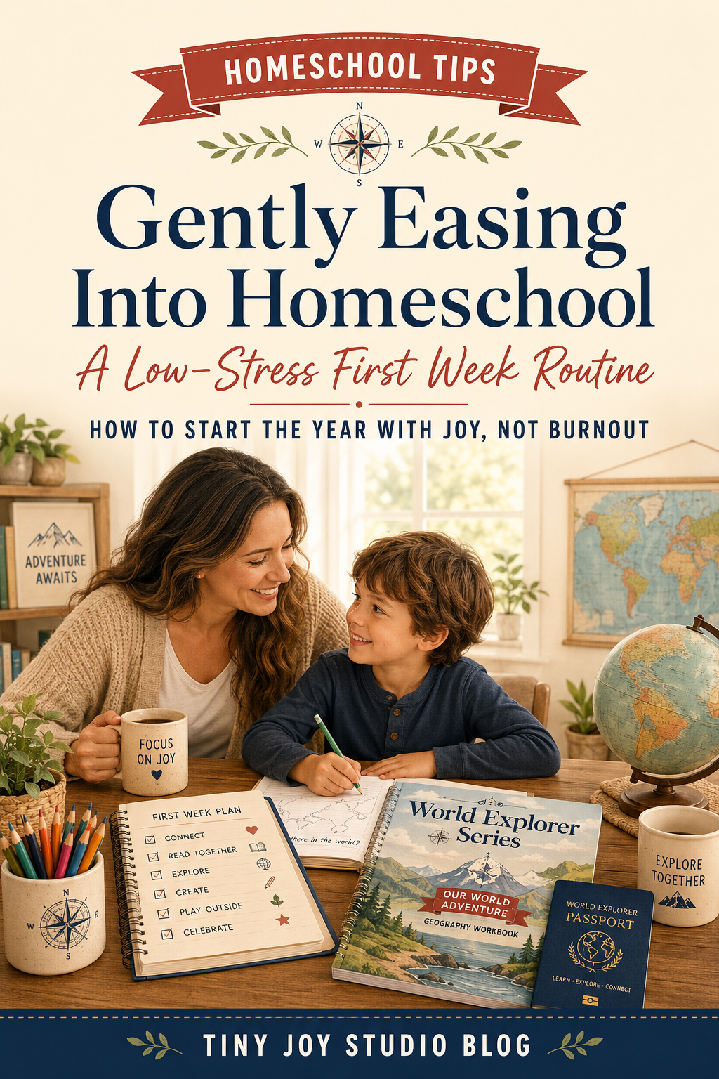 low stress homeschool first week routine for kids with geography workbook and homeschool planning