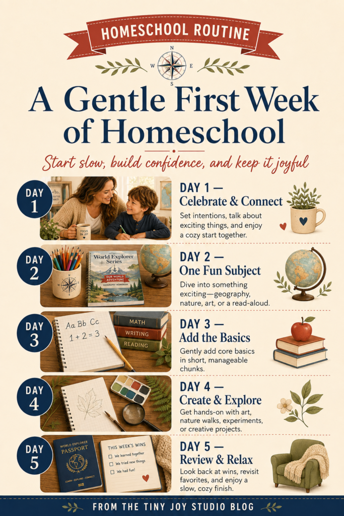 Gentle first week of homeschool infographic with a low stress day by day routine from day one to day five
