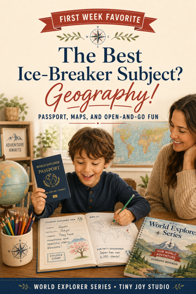 Child holding an explorer passport and completing a geography activity page during the first week of homeschool