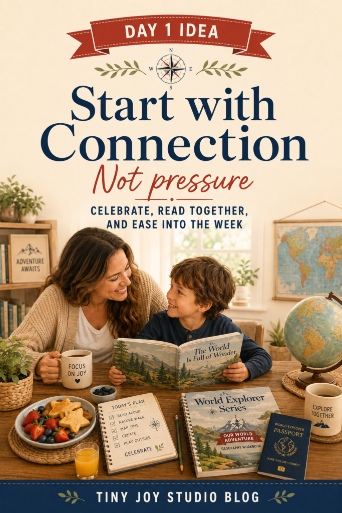 Mother and child reading together at the table on the first day of homeschool with a gentle no pressure start