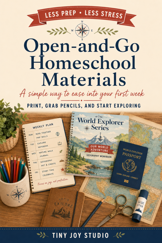 Open and go homeschool materials with geography workbook, weekly plan, world map, passport and pencils