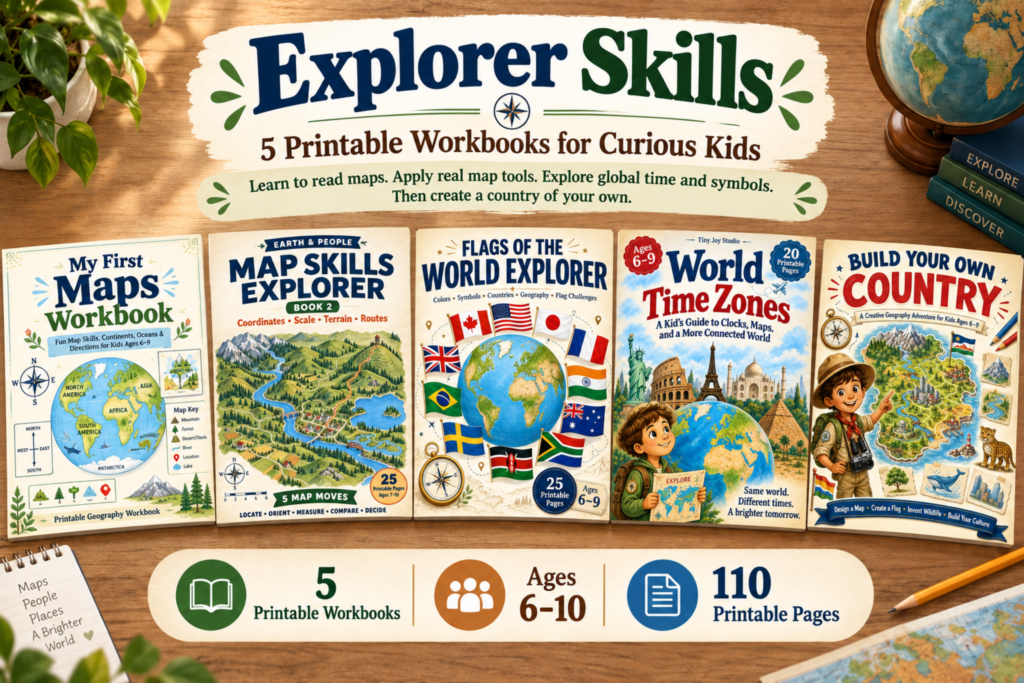 Explorer Skills Workbook Bundle featuring five geography and map printables for kids ages 6 to 10