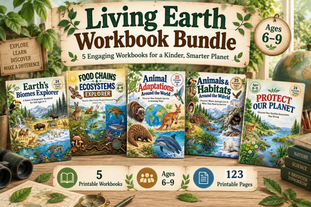 Living Earth Workbook Bundle featuring five nature and science printables for kids ages 6 to 9