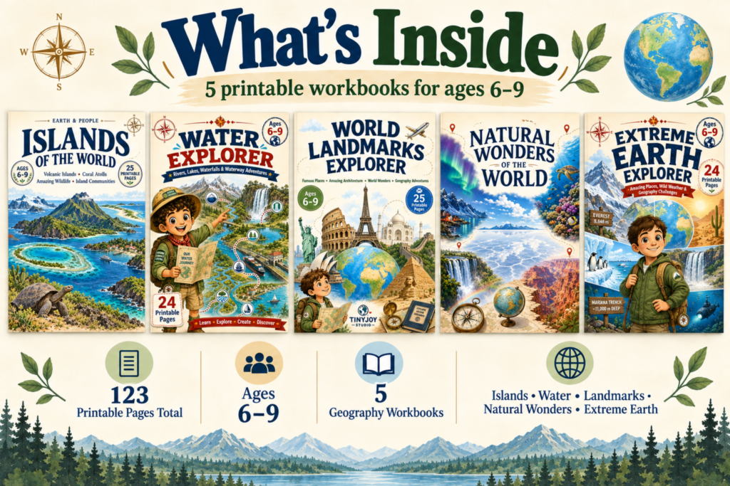 Amazing Earth Adventures Workbook Bundle featuring five geography and science printables for kids ages 6 to 9