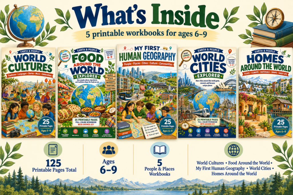 People & Places Workbook Bundle featuring five geography and culture printables for kids ages 6 to 9
