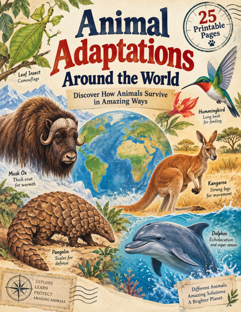 animal adaptations around the world printable workbook for kids