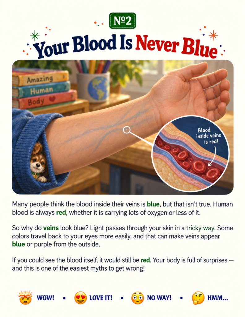 An inside page sharing myth-busting facts for kids about why blood is never blue