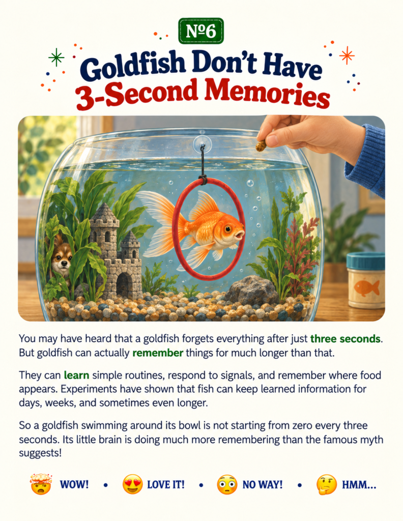 A book page showing myth-busting facts for kids about goldfish memory limits