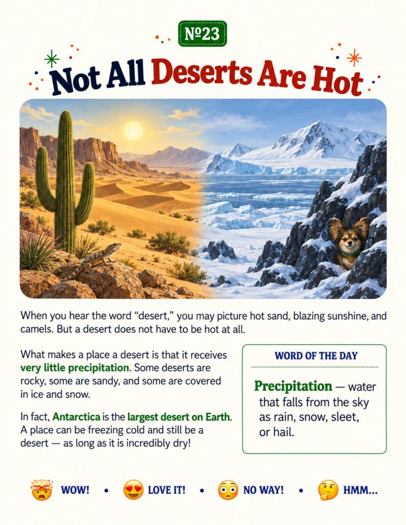 Illustration explaining myth-busting facts for kids about cold deserts like Antarctica