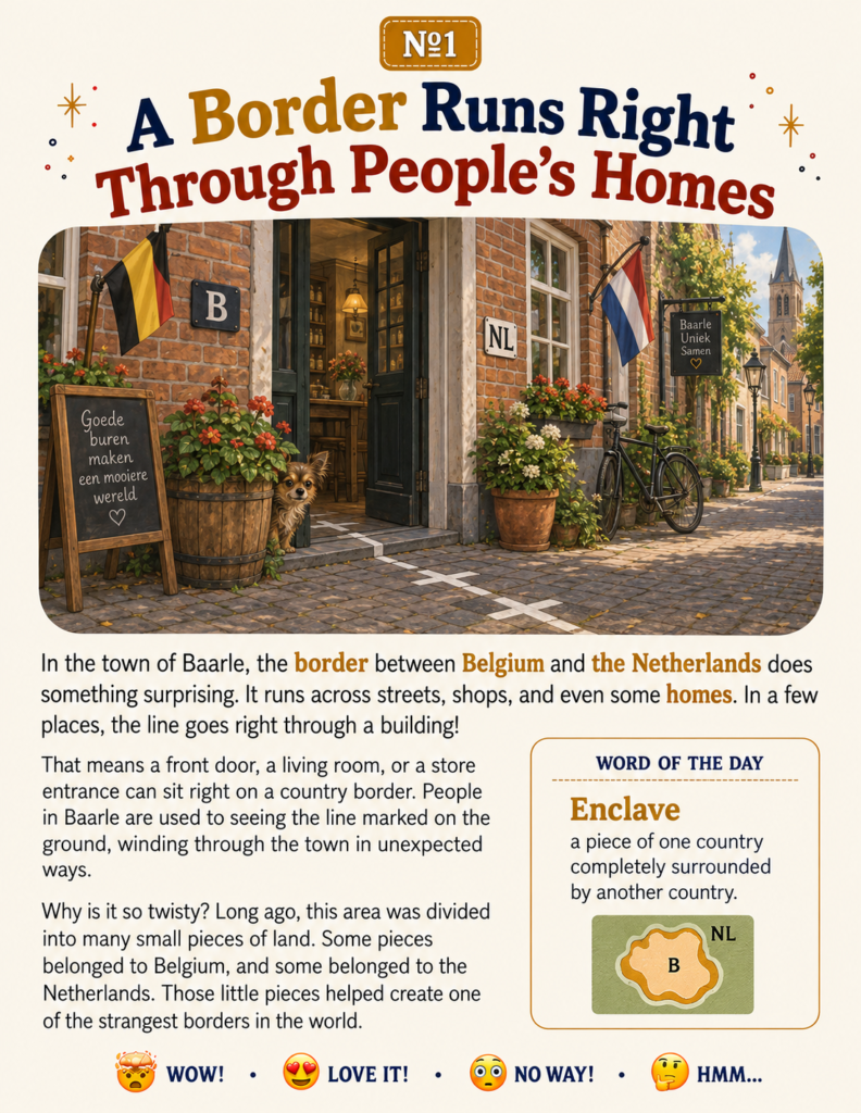 An inside page sharing geography facts for kids about the border splitting homes in Baarle
