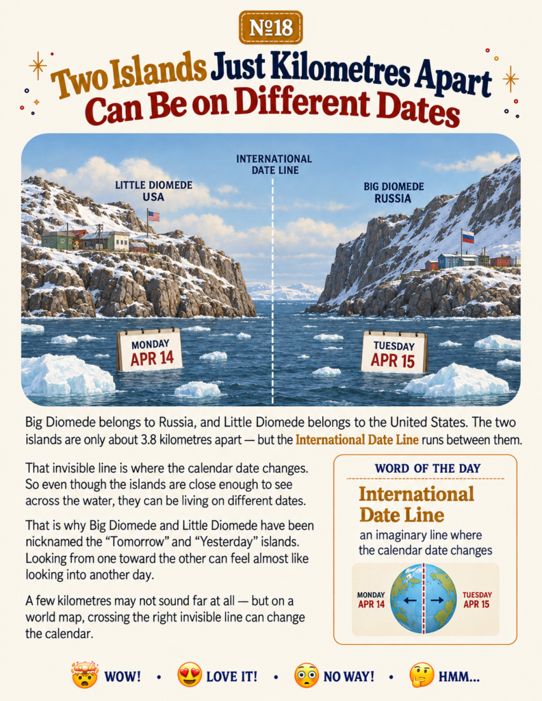 Illustration explaining geography facts for kids about the International Date Line between the Diomede Islands