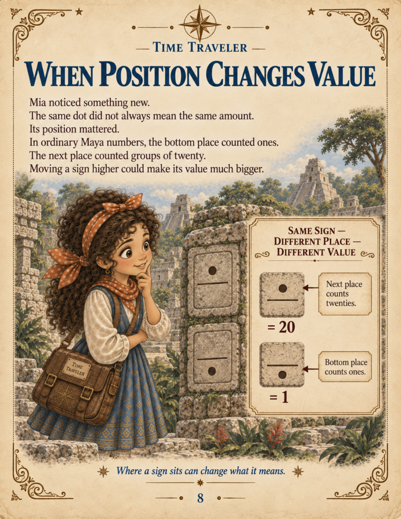 Interactive math worksheet from an Ancient Maya unit study explaining positional value with dots and bars.