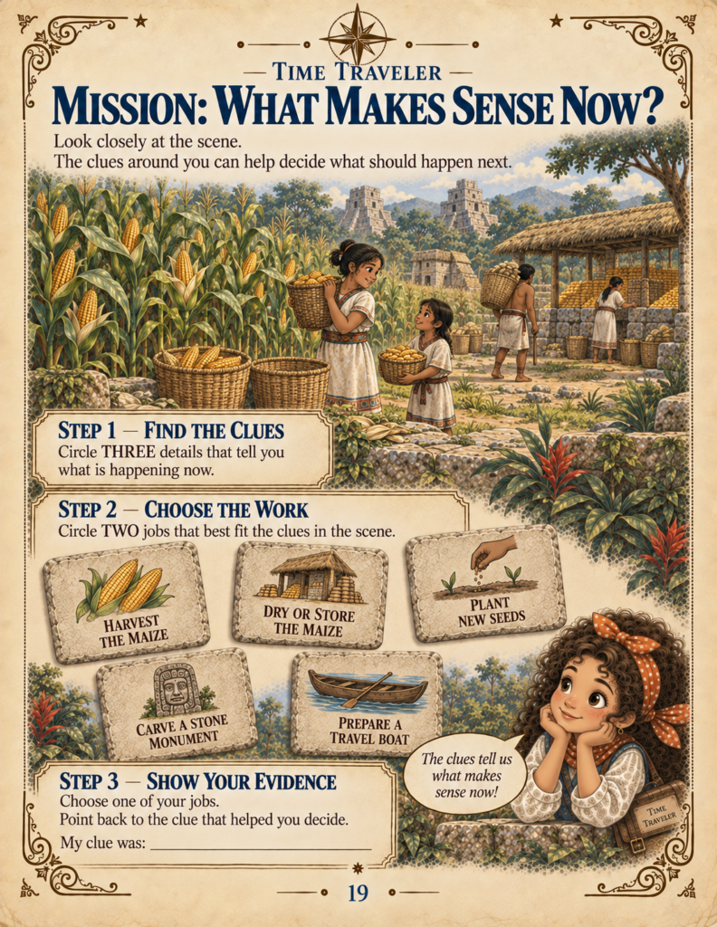 Problem-solving activity in an Ancient Maya unit study matching seasonal clues to agricultural tasks.