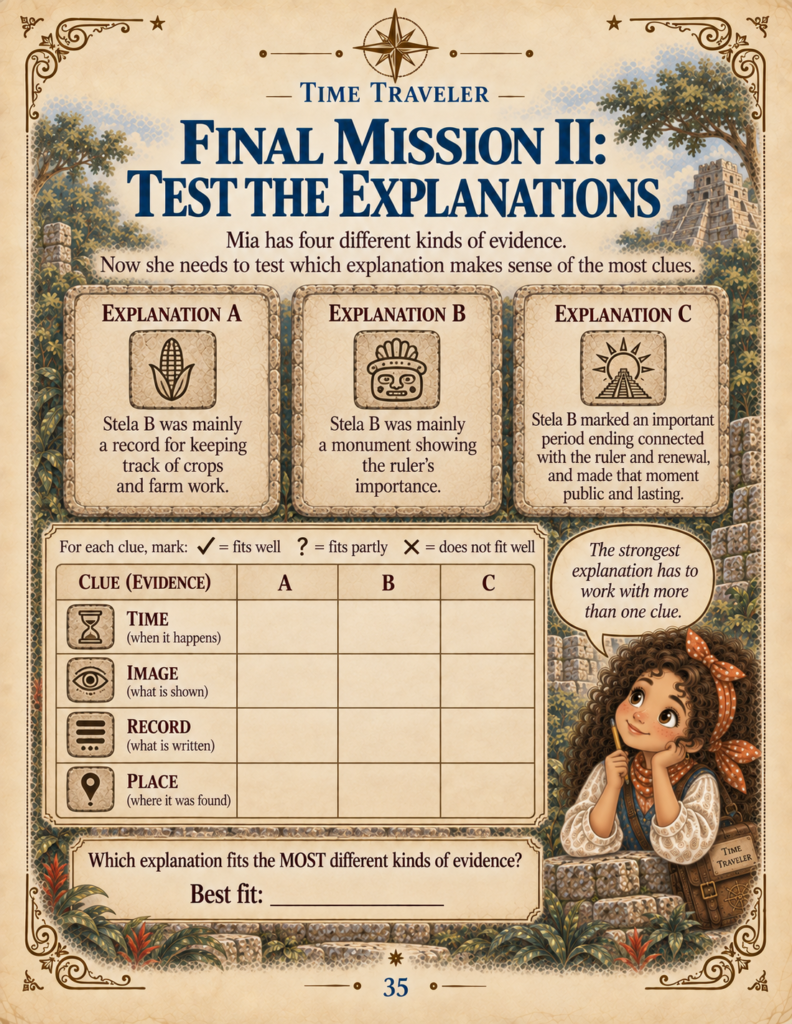 Evidence evaluation worksheet from an Ancient Maya unit study testing historical explanations against clues.