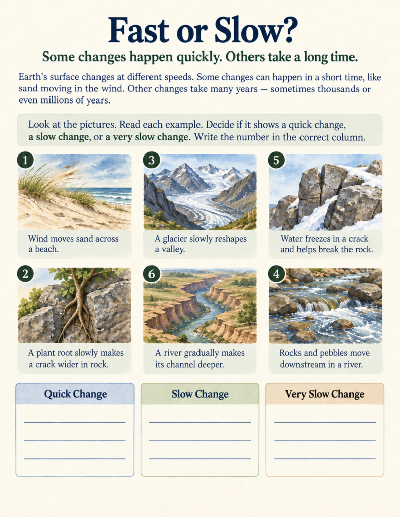 fast and slow earth changes science worksheet for kids