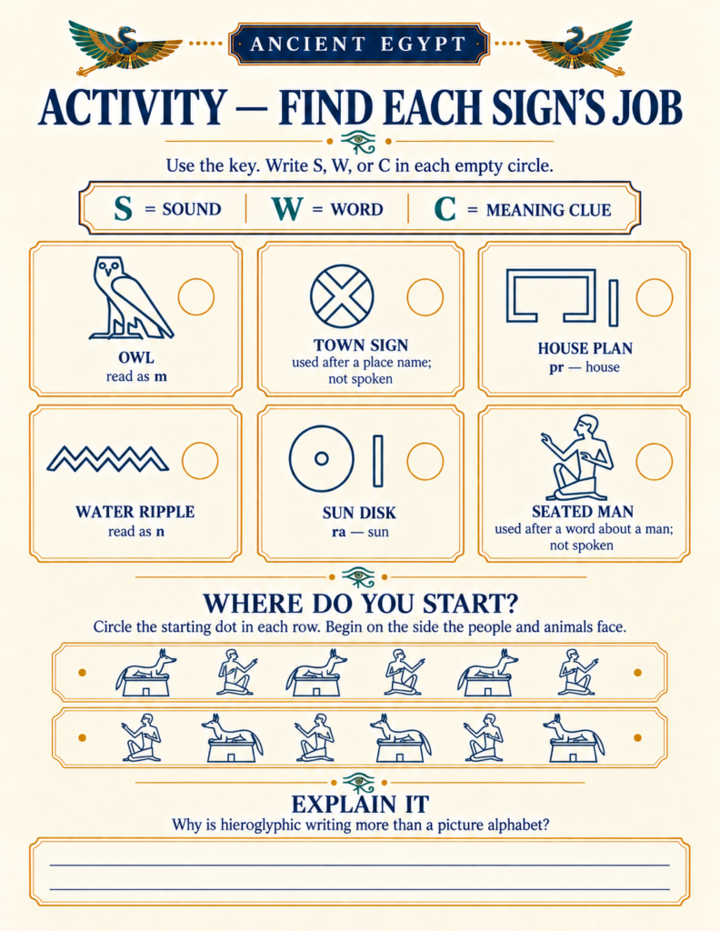 Interactive worksheet from an Ancient Egypt unit study explaining the different jobs of hieroglyphic signs.