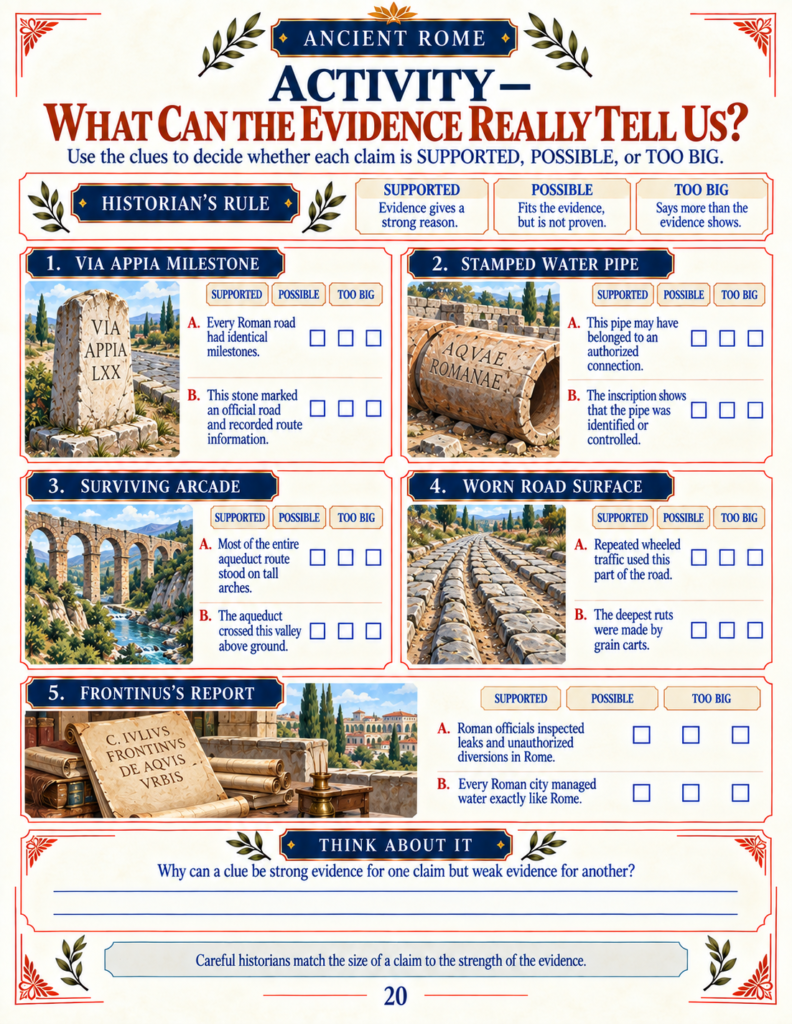 Evidence detective activity worksheet from an Ancient Rome unit study evaluating historical claims.