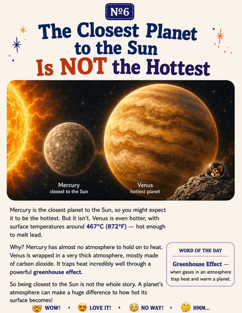 A book page showing solar system facts for kids about why Venus is hotter than Mercury