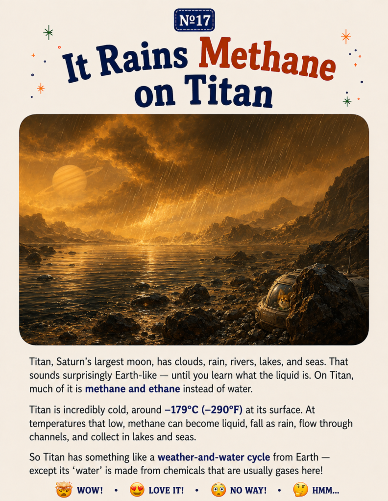 Stunning illustration of Titan raining methane from our solar system facts for kids book