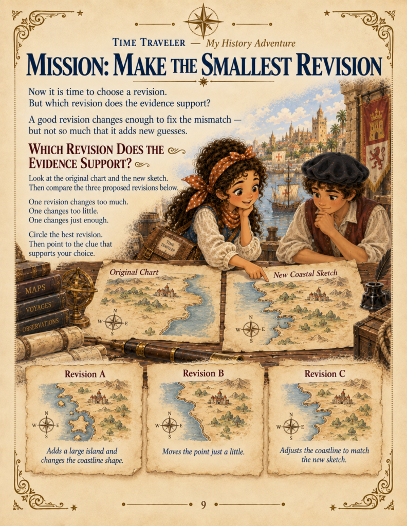 Map revision worksheet from an Age of Exploration unit study showing how to update coastlines based on evidence.