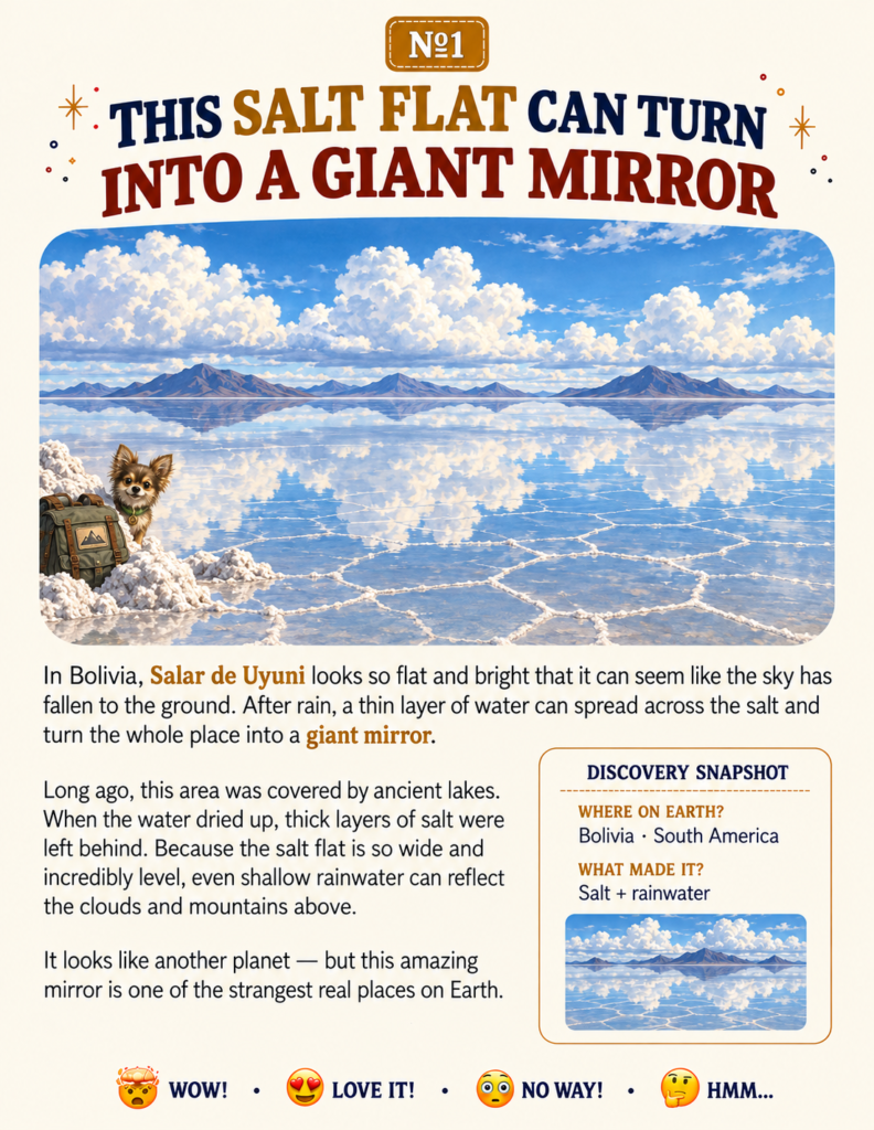An inside page showing strange places on earth like the Salar de Uyuni salt flat mirror
