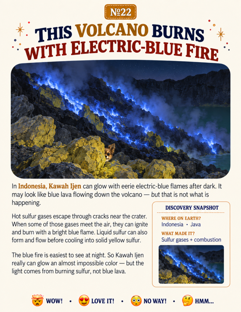 Illustration explaining strange places on earth like the blue fire volcano in Indonesia