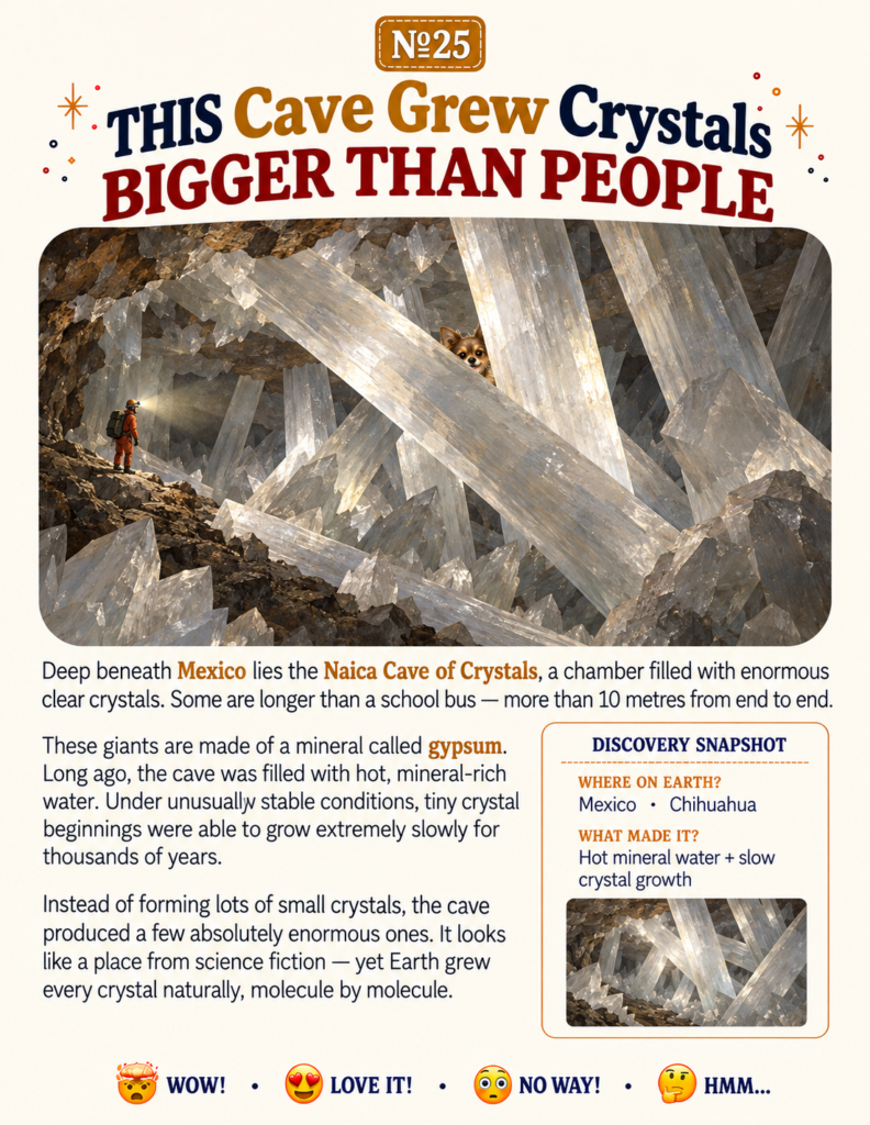 A book page showing strange places on earth like the giant crystal cave in Mexico