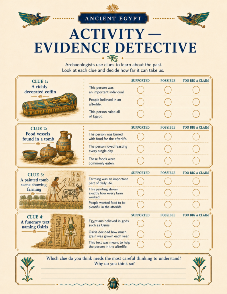 Evidence detective worksheet from an Ancient Egypt unit study for kids.