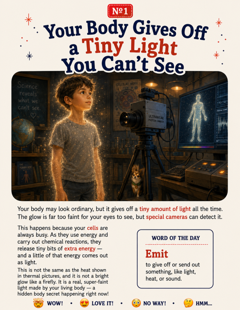An inside page sharing human body facts for kids about human bioluminescence