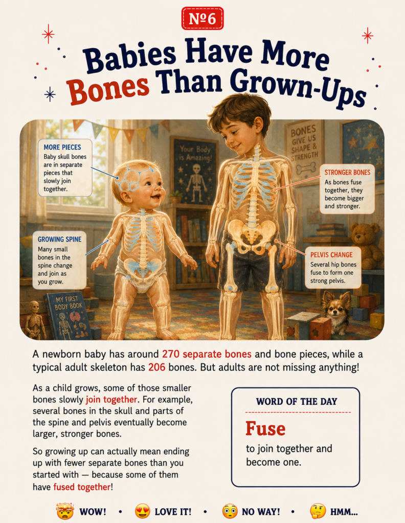 A book page showing human body facts for kids about how baby bones fuse togethe